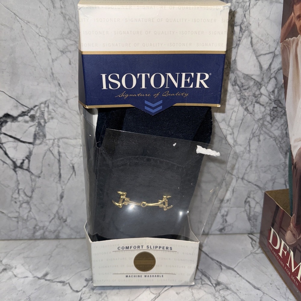 Vintage Isotoner Men's Slippers 8 1/2-9 1/2 Navy Blue NEW Gold Buckle